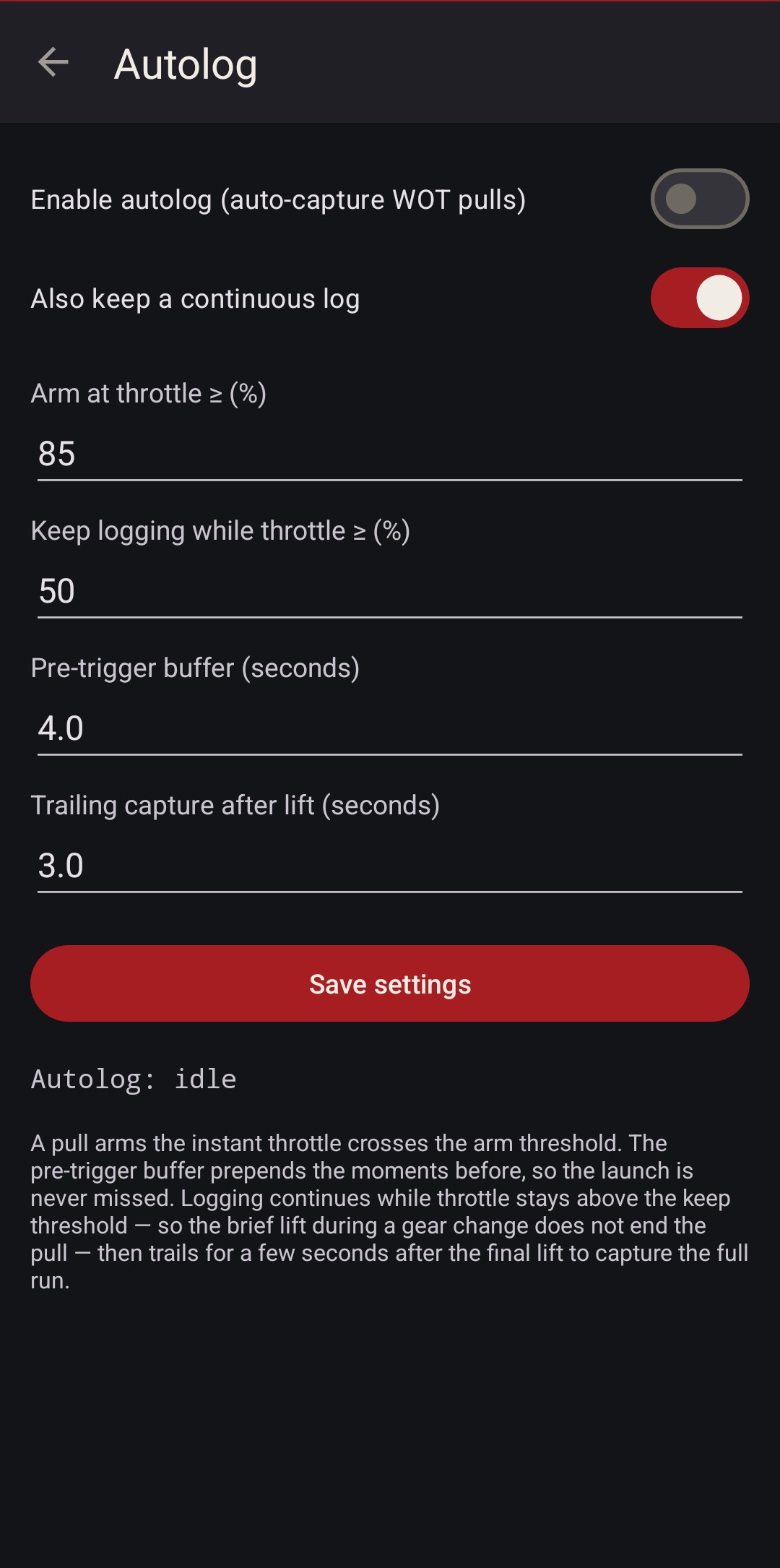 Autolog settings