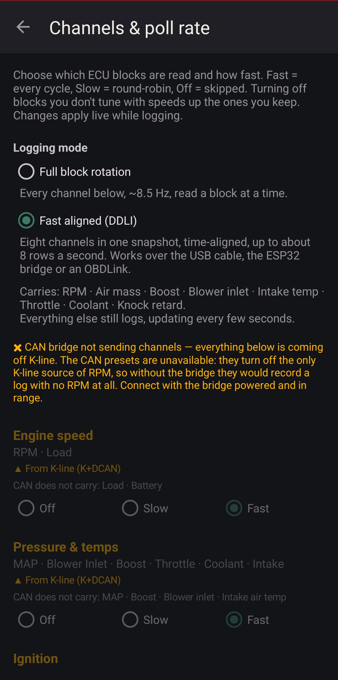 Channels and poll rate, Fast aligned mode