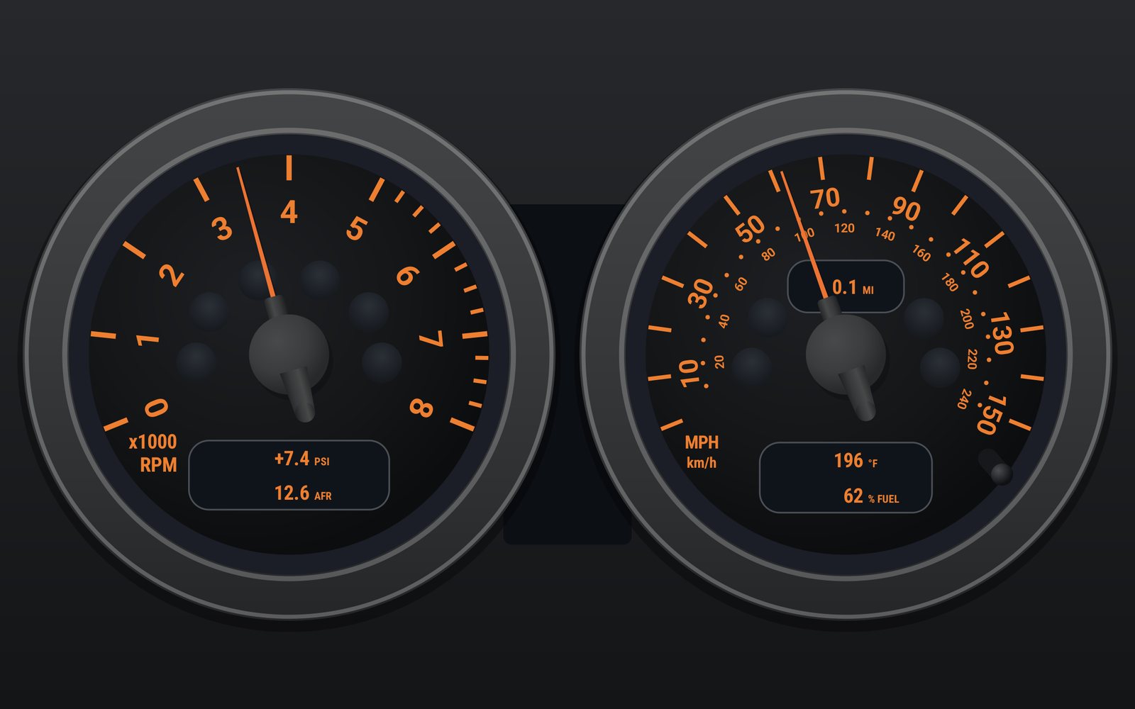 Chrono Pack dashboard with the lights on