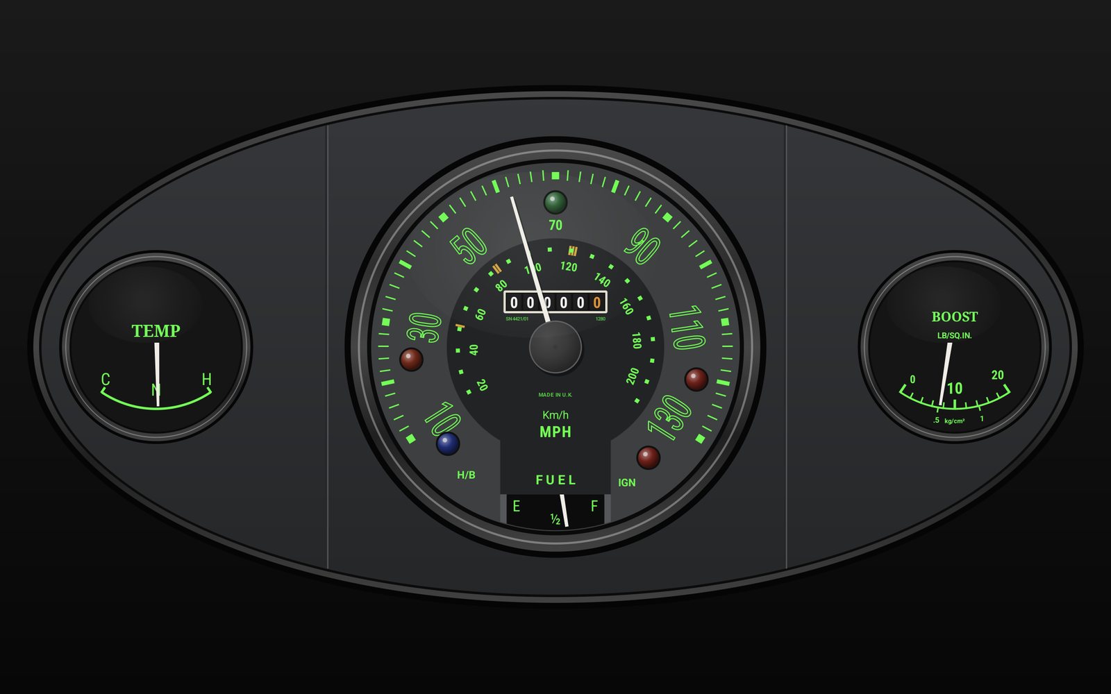 1971 Cooper S dashboard lit green