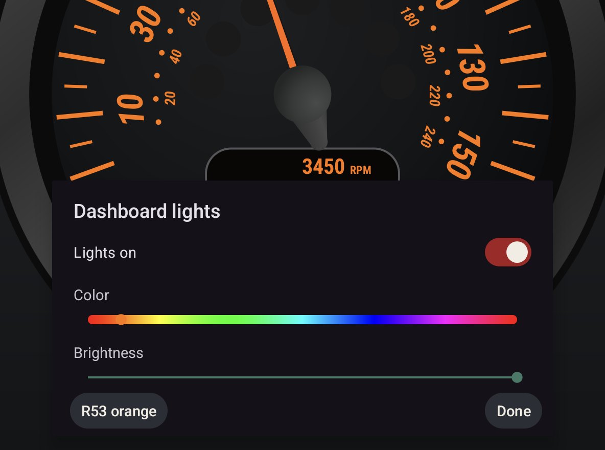 Dashboard lights panel over the R53 face: lights switch, color slider, brightness