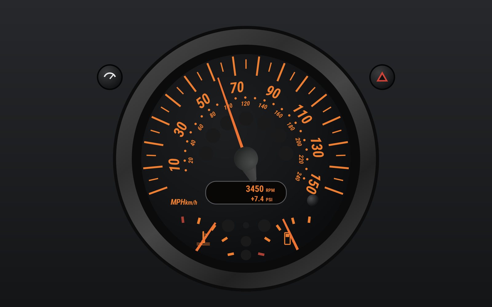 The R53 centre speedometer dashboard with its lights on: dark dial, orange print