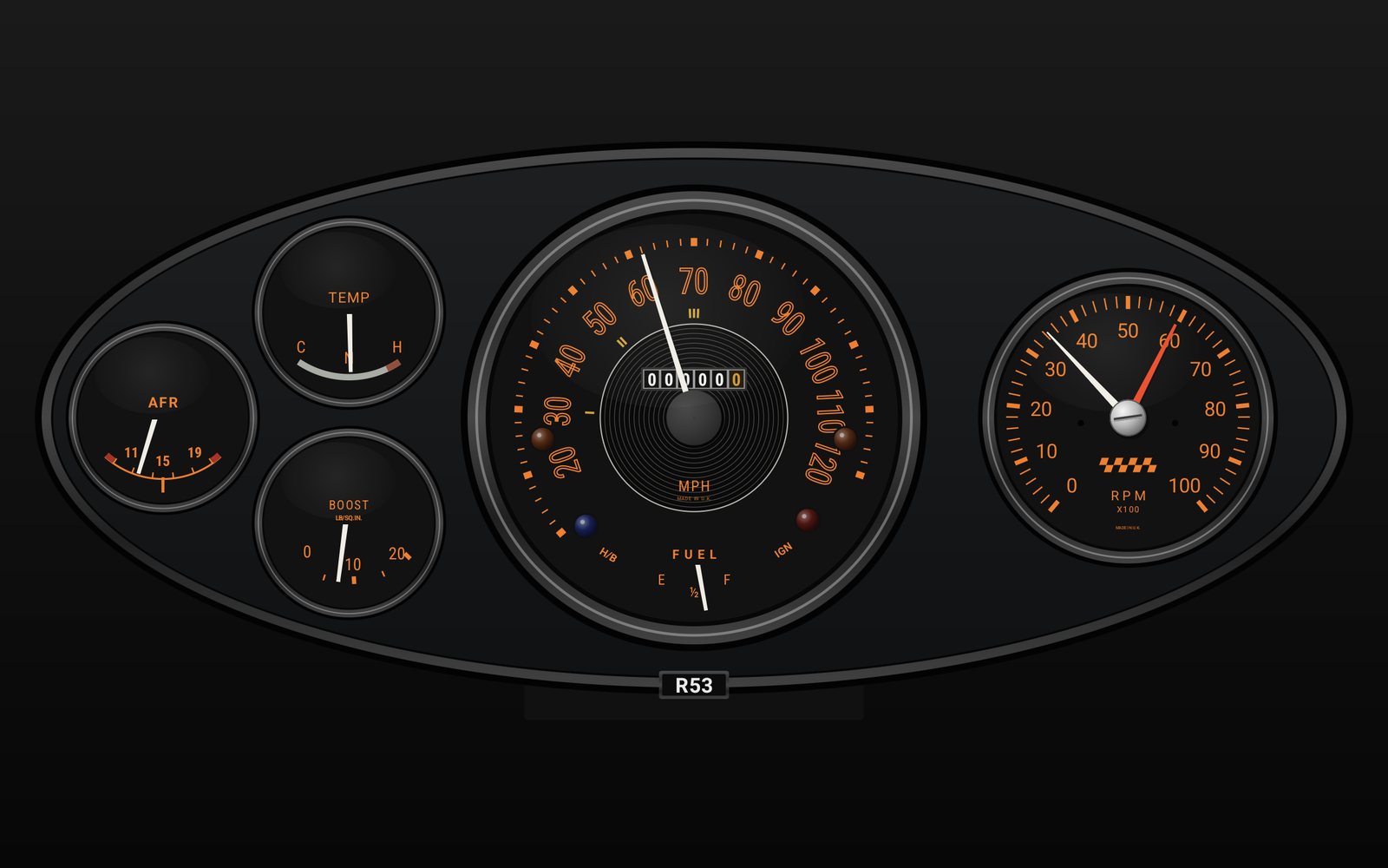 Rally oval dashboard in R53 orange