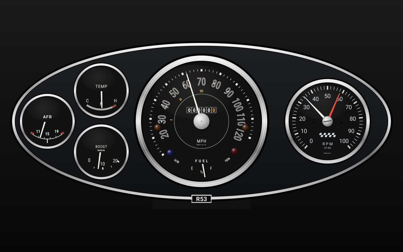 Rally oval dashboard with a red tell-tale on the rev counter
