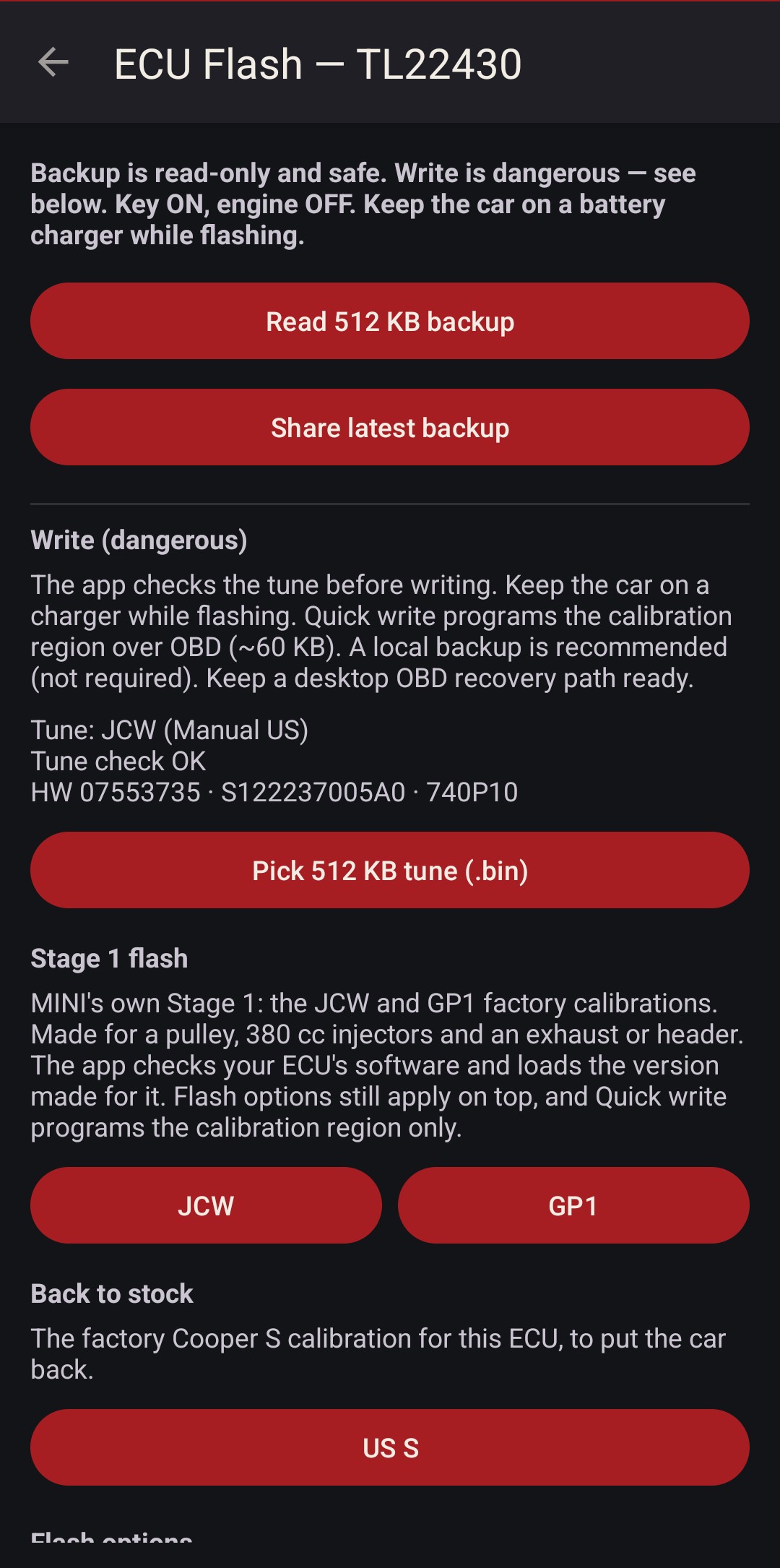 JCW calibration loaded, tune check OK, software 740P10