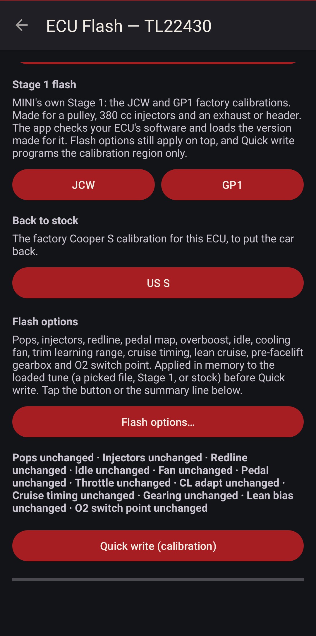 Flash screen with the Stage 1 flash section: JCW and GP1 buttons, and Back to stock