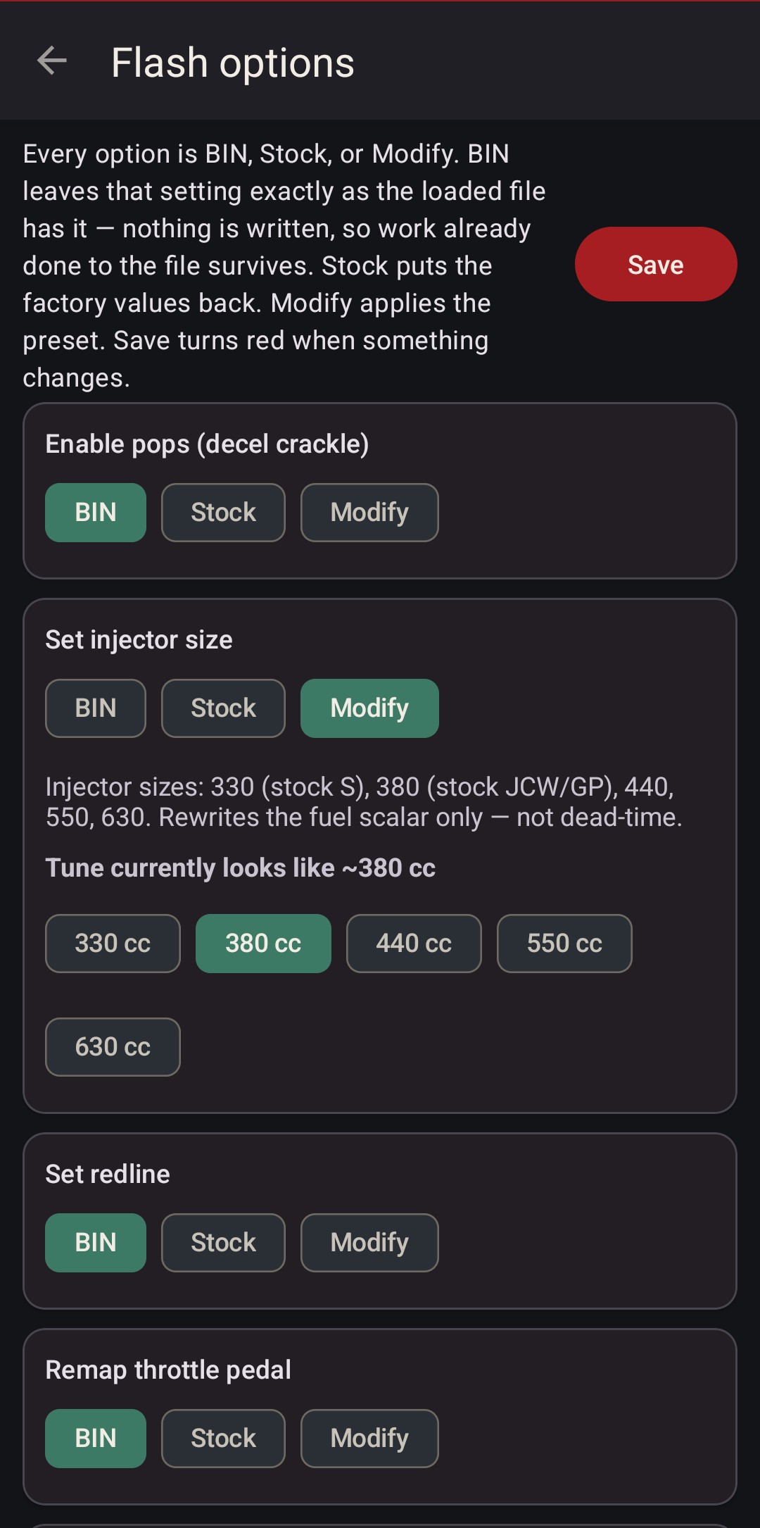 Injector size option reading 380 cc