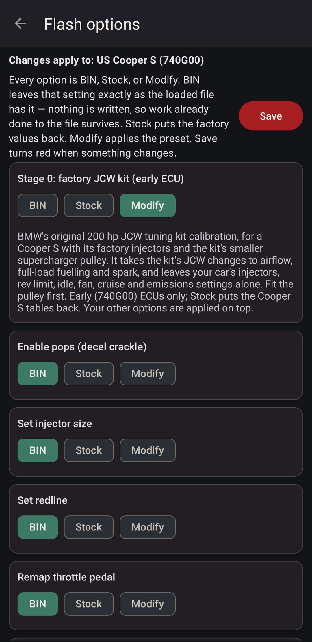 Flash options with the Stage 0 card set to Modify