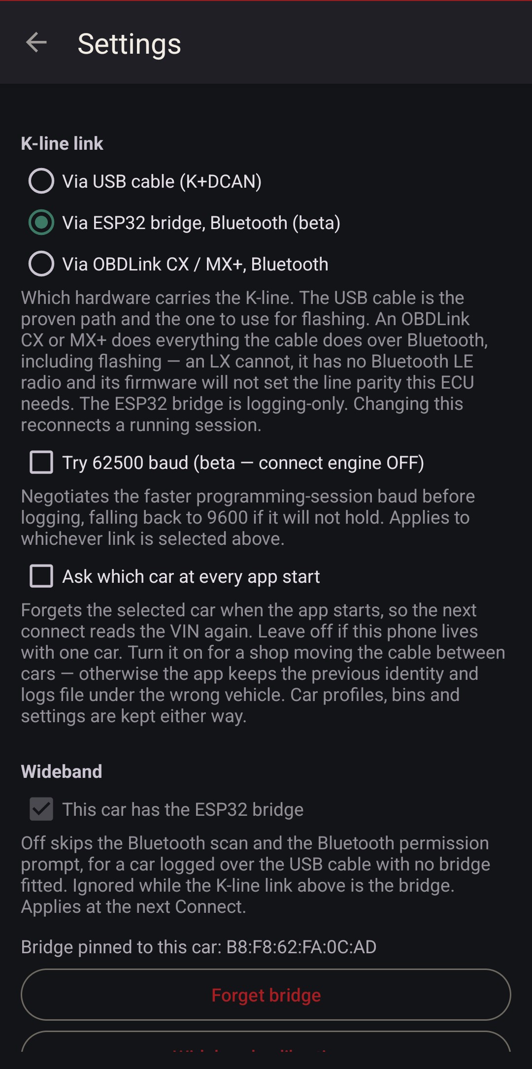 Settings, K-line link choice