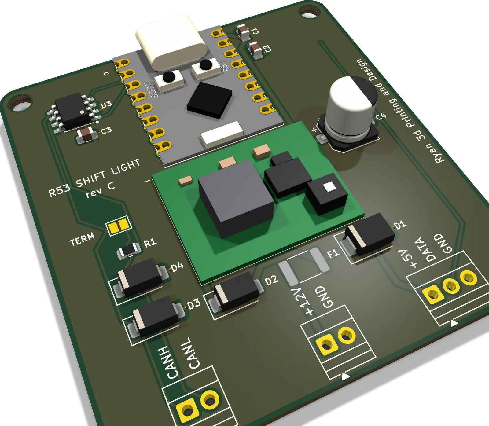 Rev C shift light board: ESP32-C3 SuperMini, MP1584 buck module, CAN transceiver and screw terminals