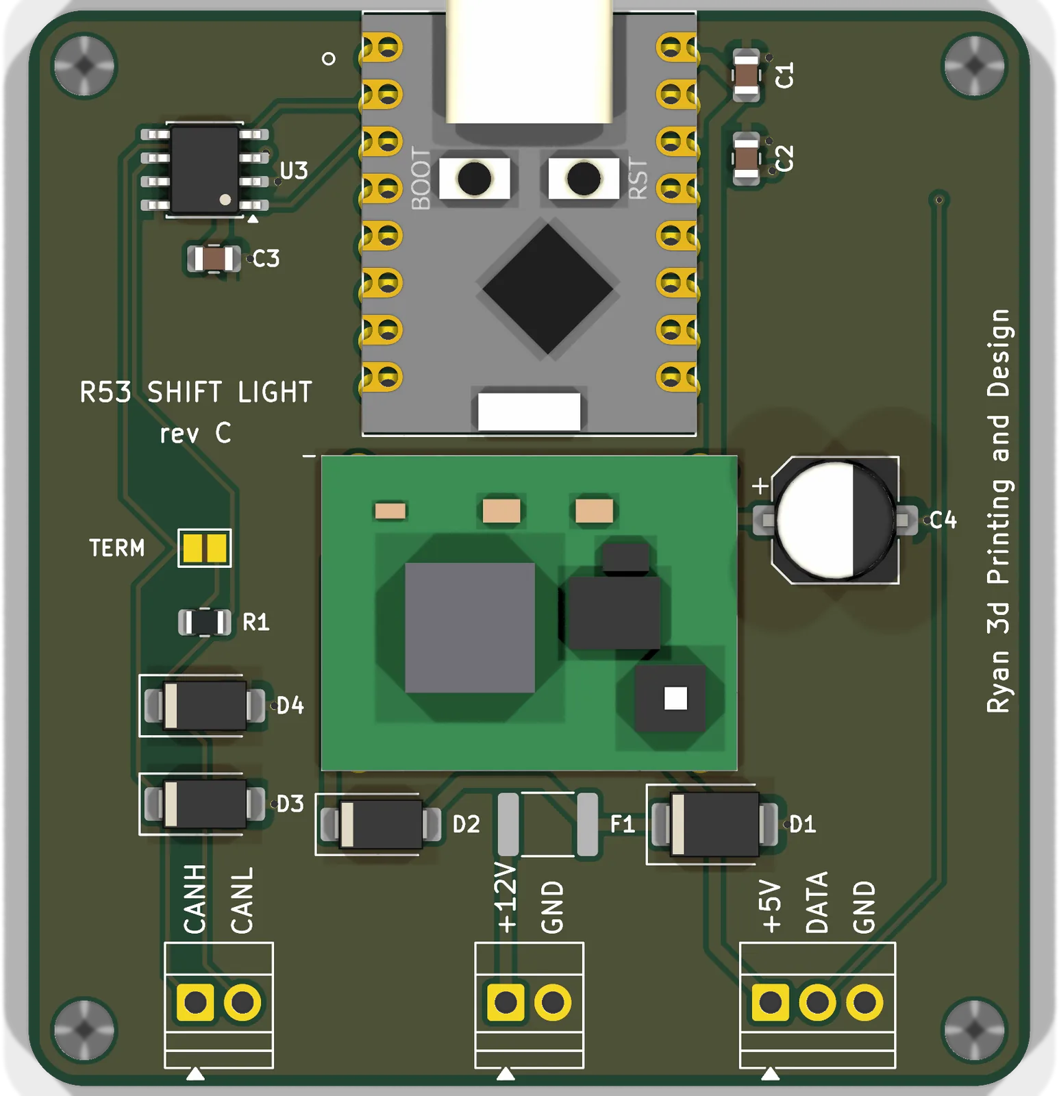 Rev C board from the top, terminals labelled CANH CANL, +12V GND, +5V DATA GND