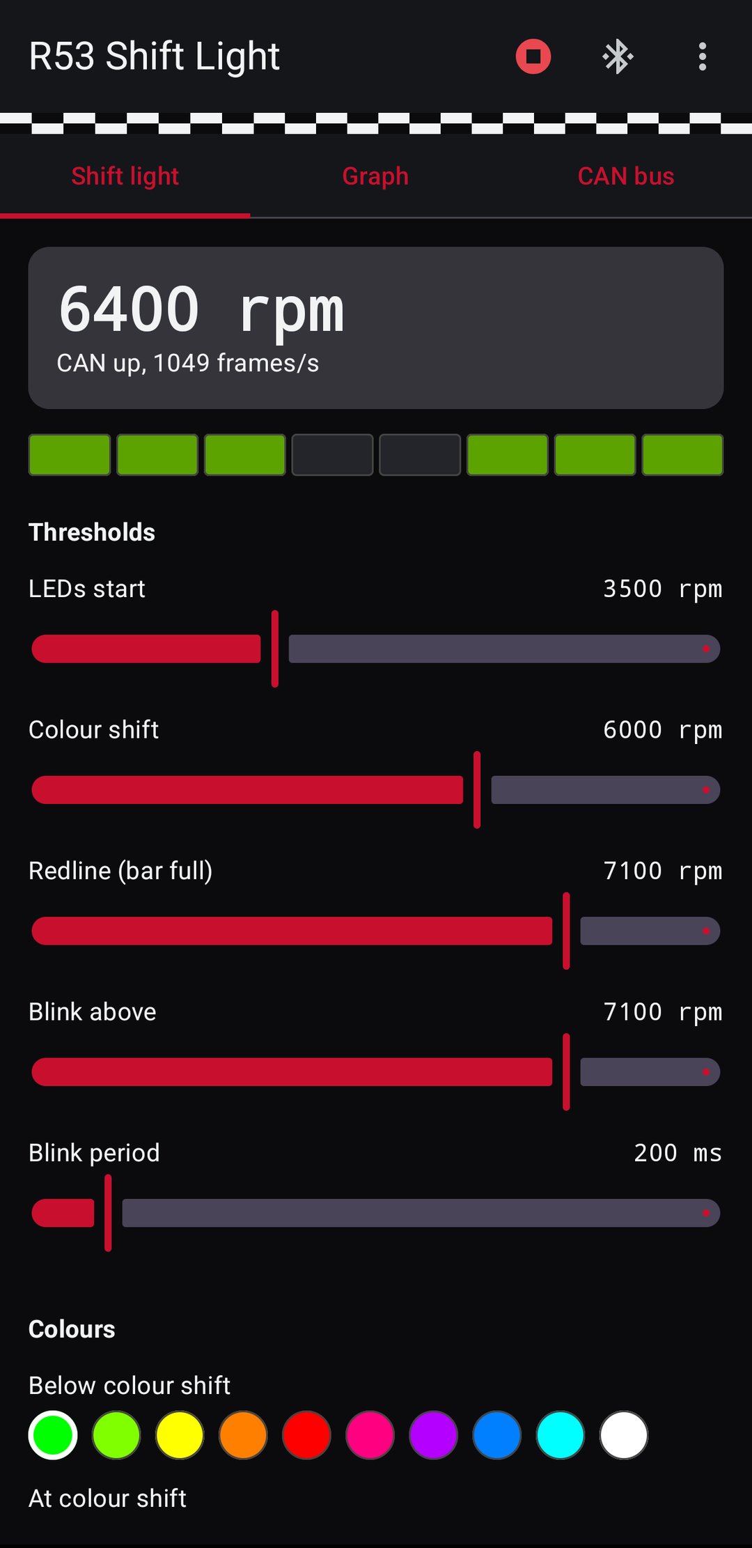 Shift Light app on an R53 at 6400 rpm: CAN up at 1049 frames a second, the strip mimic, and every threshold on a slider