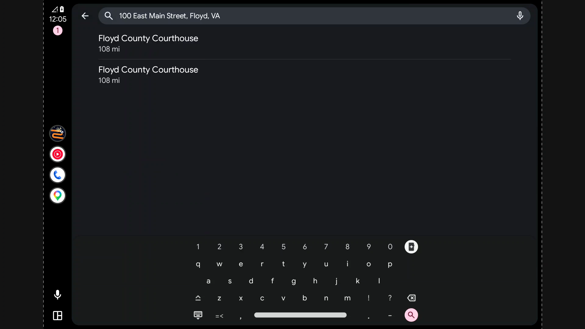 Android Auto search for 100 East Main Street, Floyd, VA returns Floyd County Courthouse