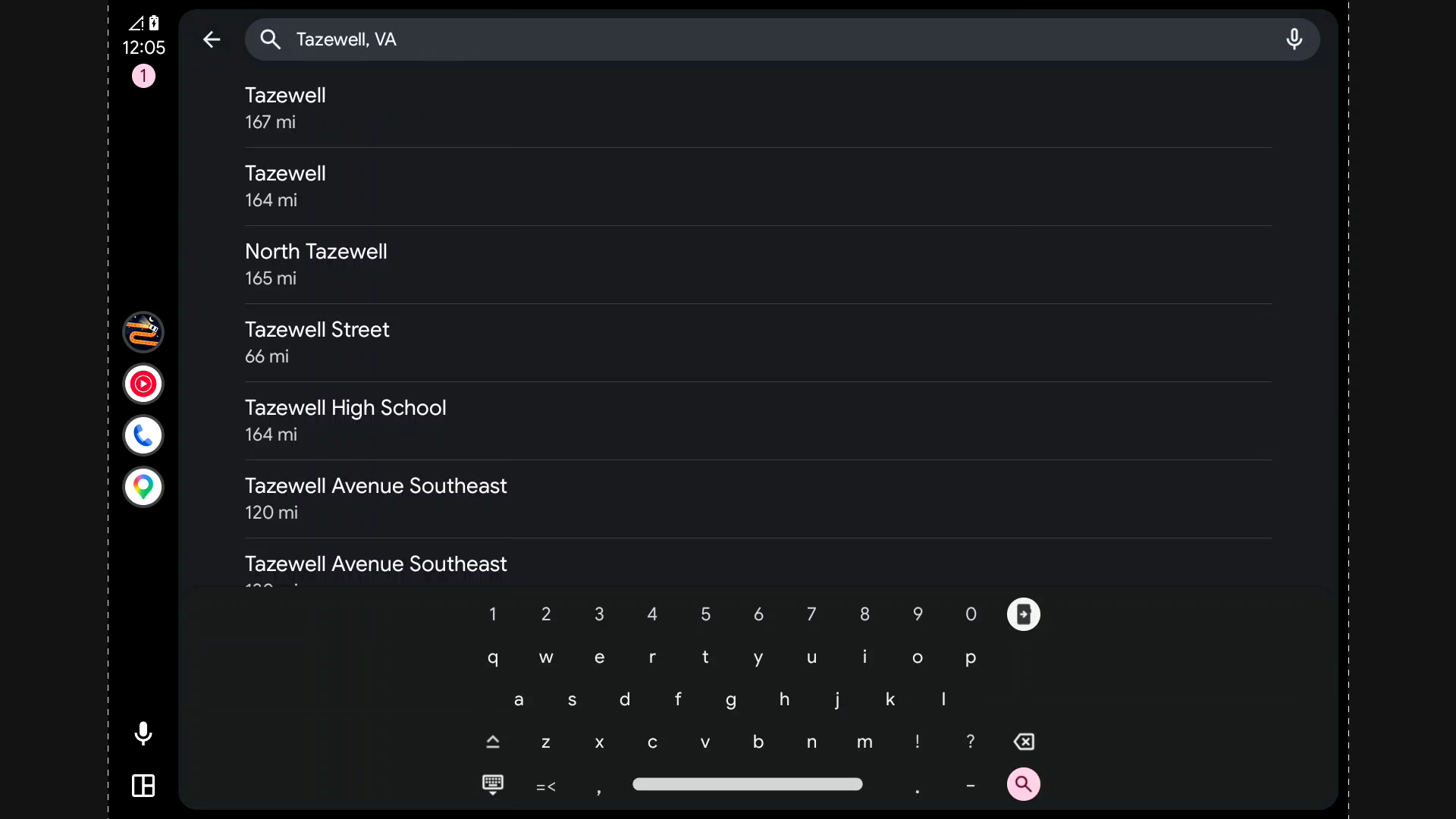 Touge on the Android Auto desktop head unit showing search results for Tazewell, VA above the keyboard