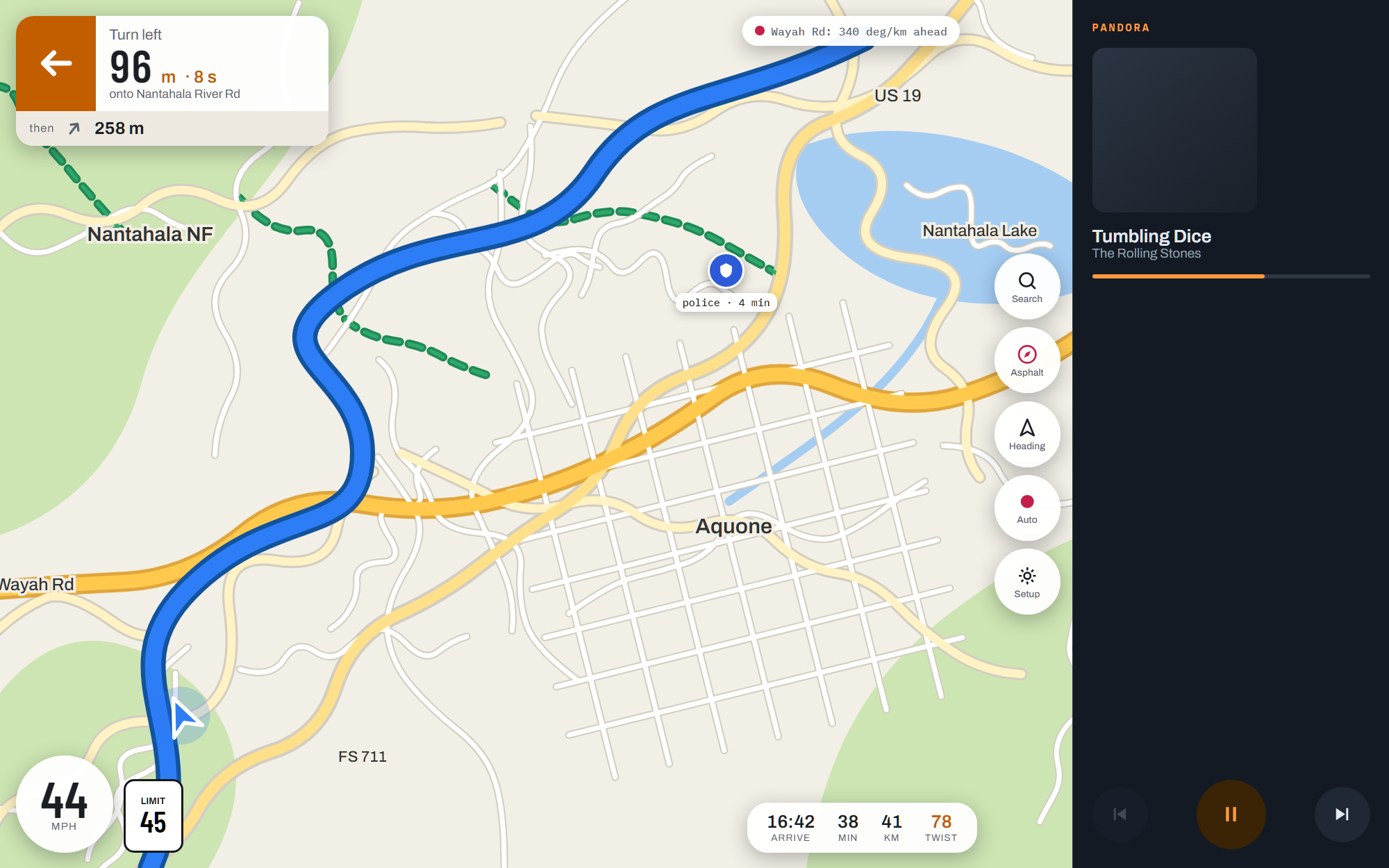 The driving screen, map left, media pane right