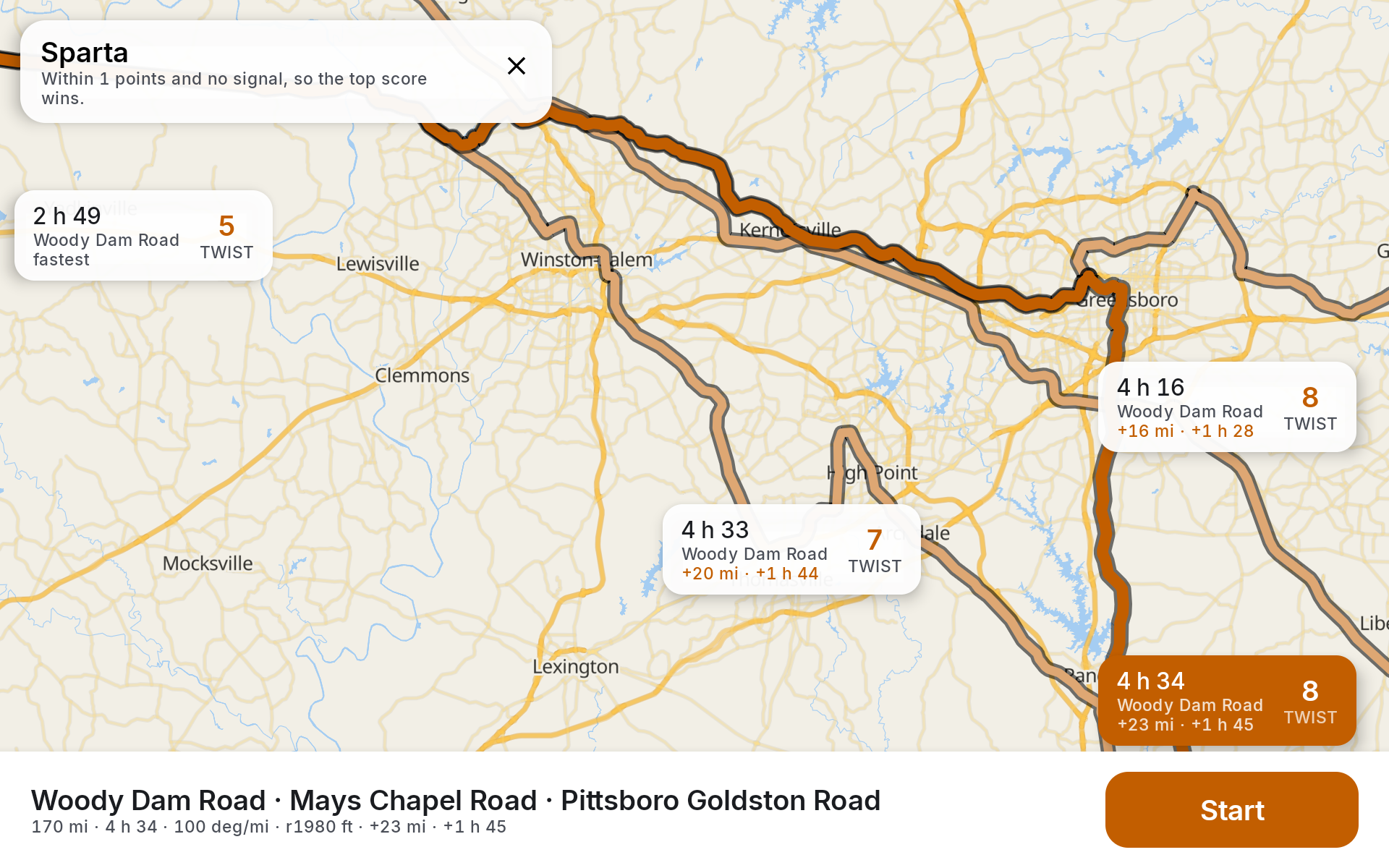 Four route choices to Sparta with times and twist scores