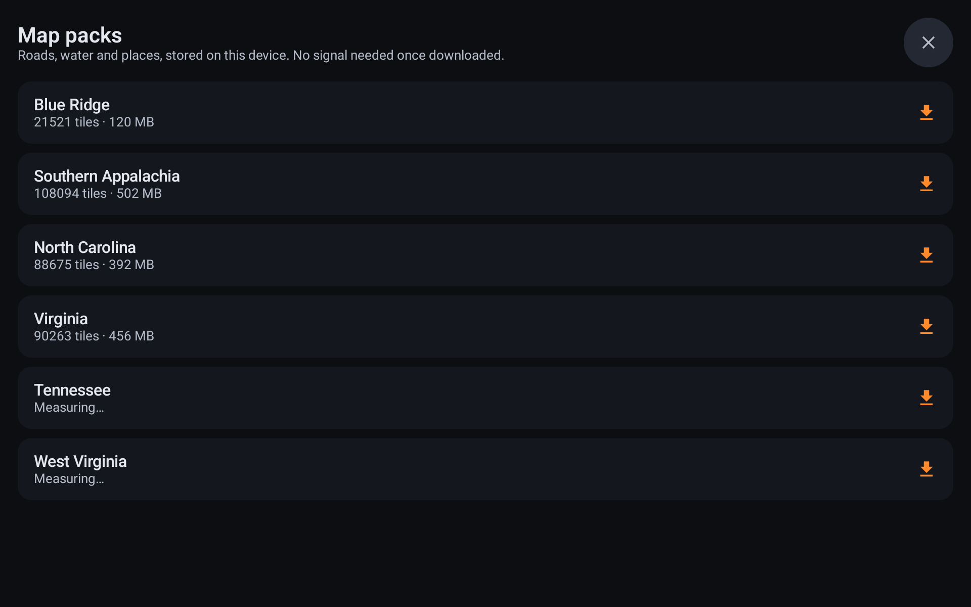 Map pack downloader listing six regions with measured sizes