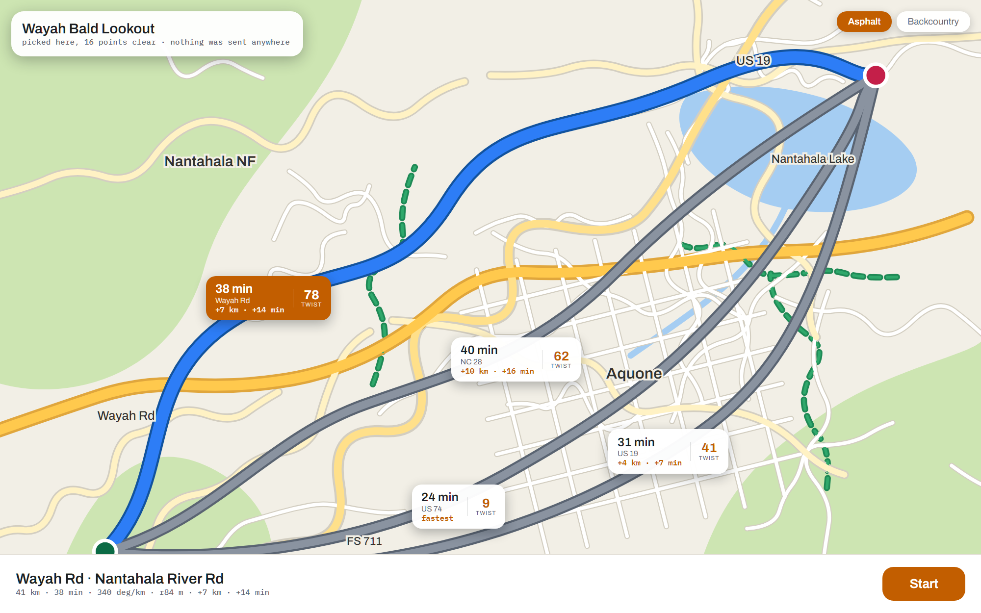 Four routes on one map, each bubble carrying a curvature rating