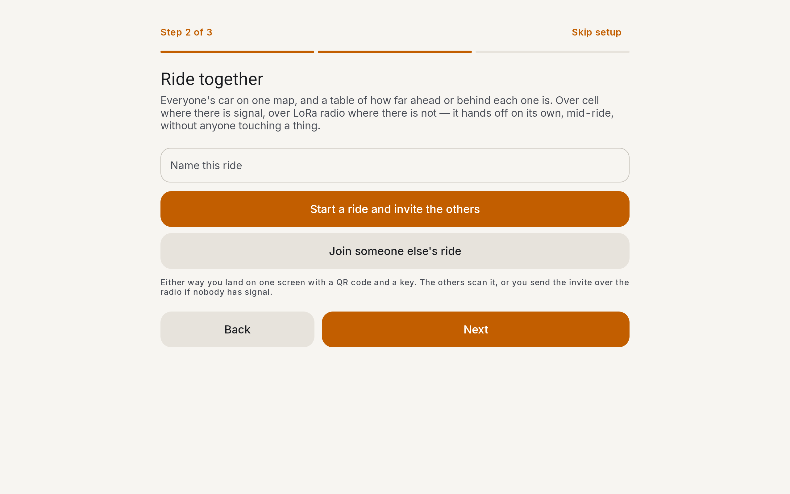 Setup wizard step two: Ride together, with buttons to start a ride or join someone else's