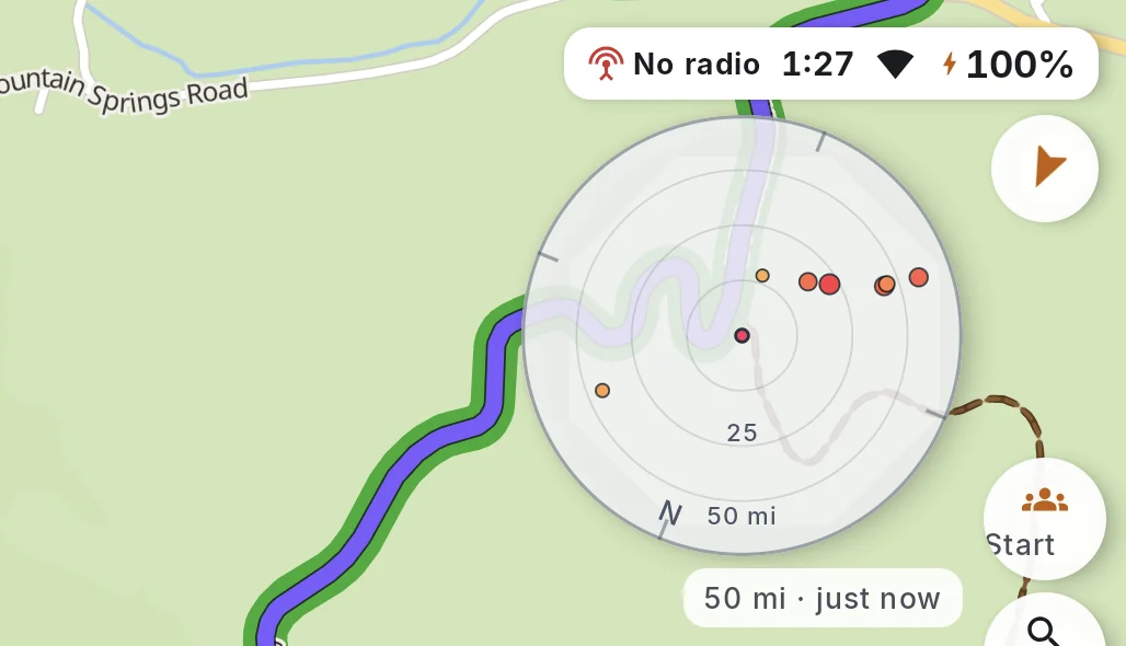 Top right corner of the tablet: status chip reading No radio, the time, wifi and 100 percent, and the 50 mile weather radar disc over VA 16 with road reports marked on it