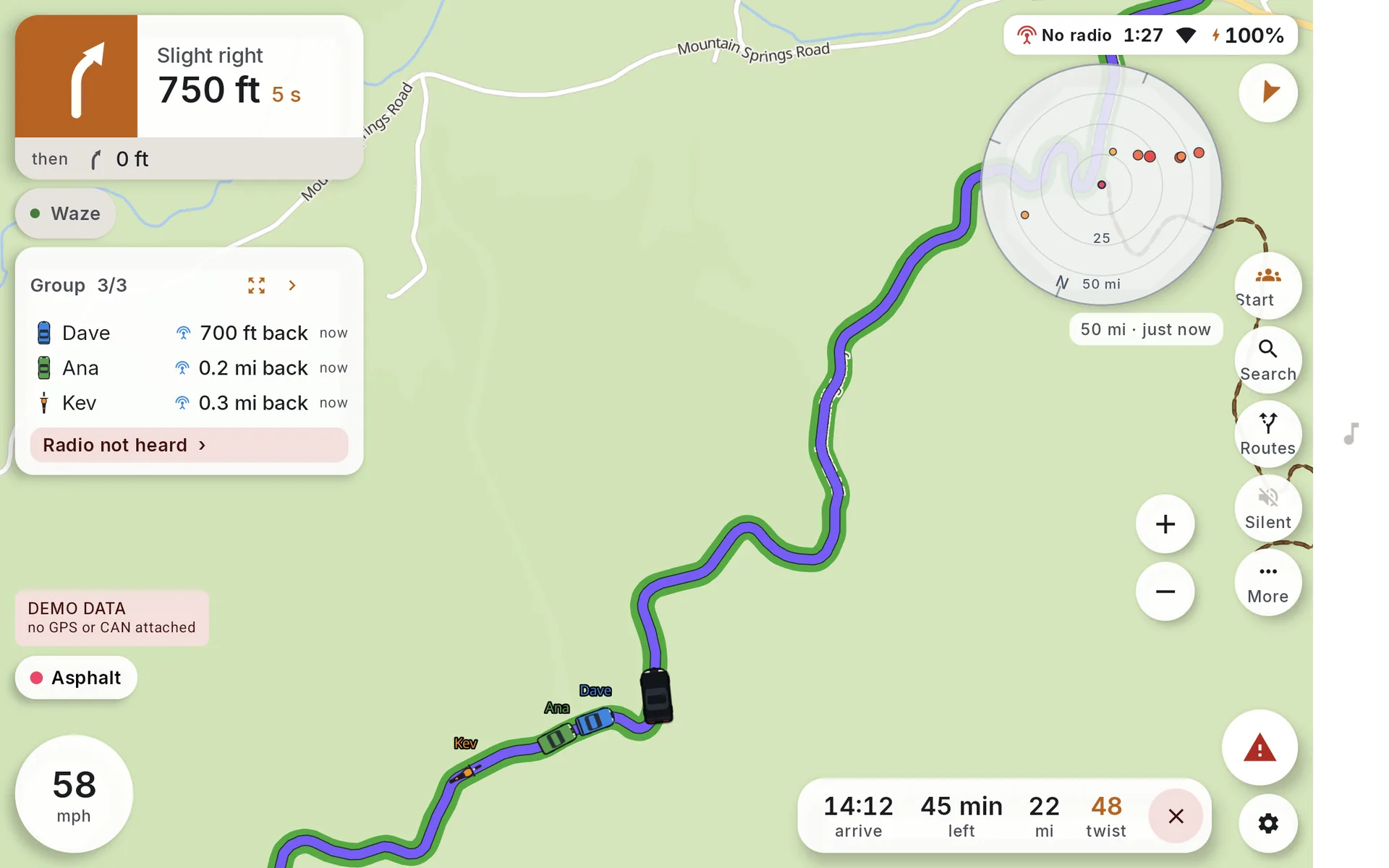 Tablet on VA 16 climbing the mountain south of Tazewell, Virginia: turn card, Waze chip, group card with Dave, Ana and Kev behind, weather radar disc, the purple route through the switchbacks with the three cars on it, and the time, distance and twist strip