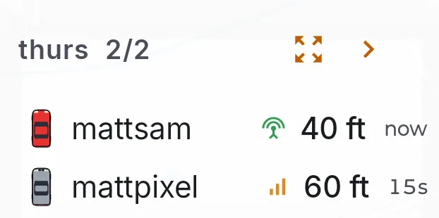 Group card with two cars: mattsam with a green antenna, 40 ft, now, and mattpixel with amber cell bars, 60 ft, 15 seconds