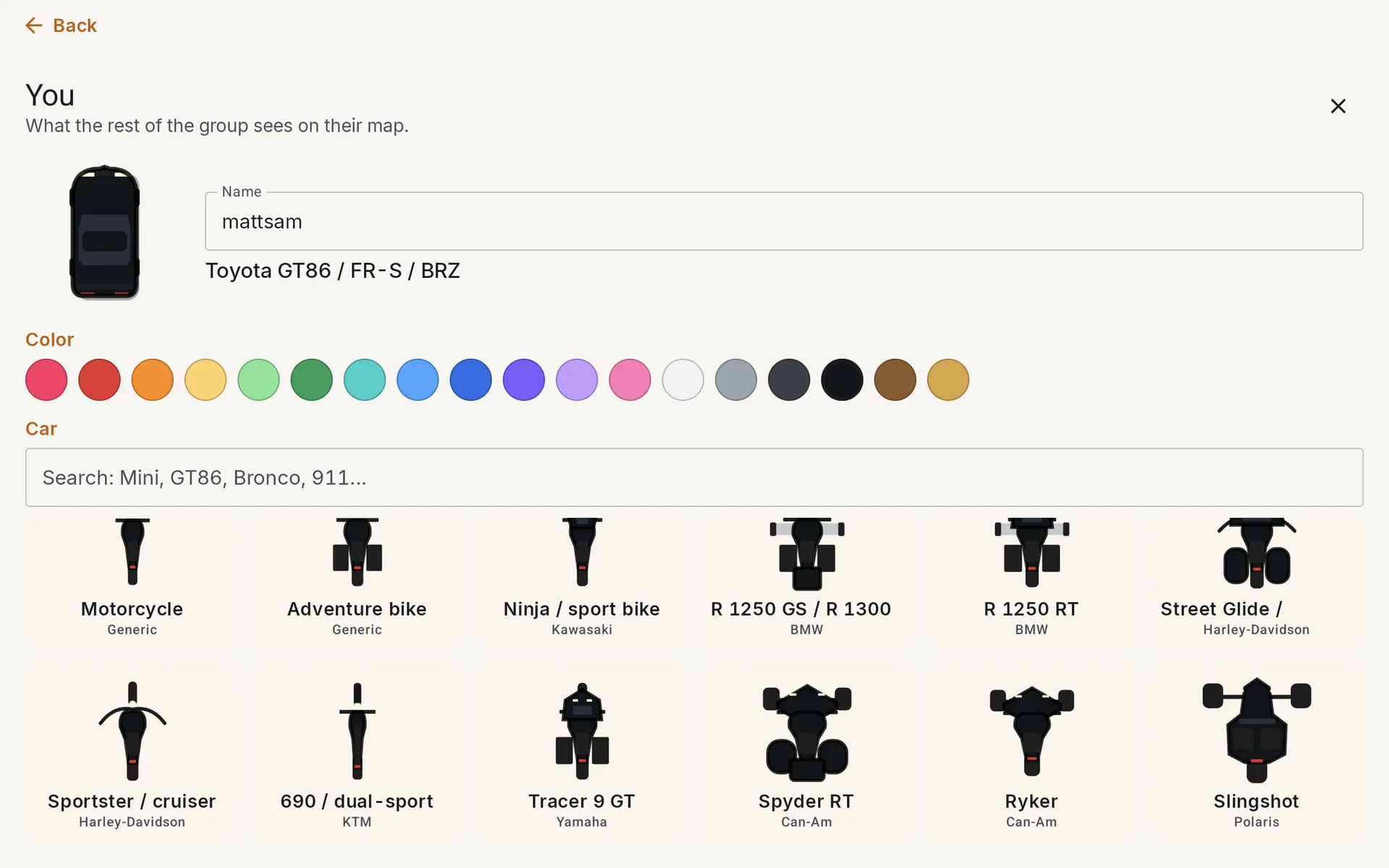 Profile screen: name, eighteen colour swatches, a search box and a grid of bikes: generic motorcycle, adventure bike, Ninja, R 1250 GS, R 1250 RT, Street Glide, Sportster, 690, Tracer 9 GT, Spyder RT, Ryker and Slingshot
