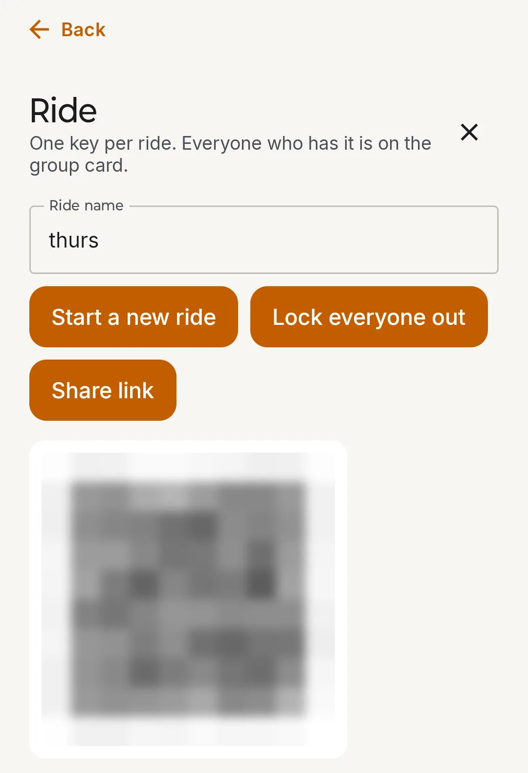 Ride screen on the phone: ride name thurs, Start a new ride, Lock everyone out, Share link, and the ride's QR code, blurred here