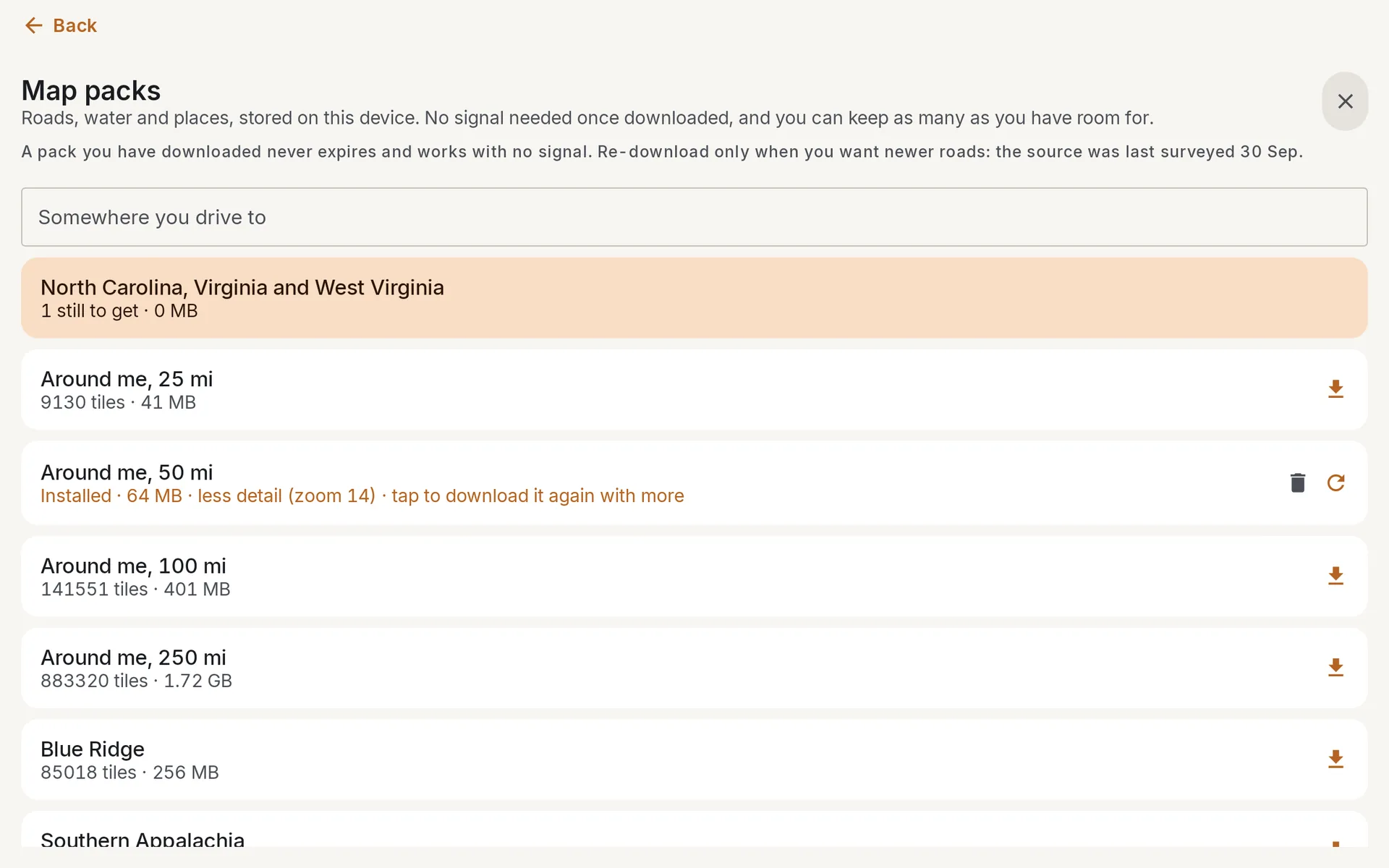 Map packs screen listing regions with measured sizes and installed state