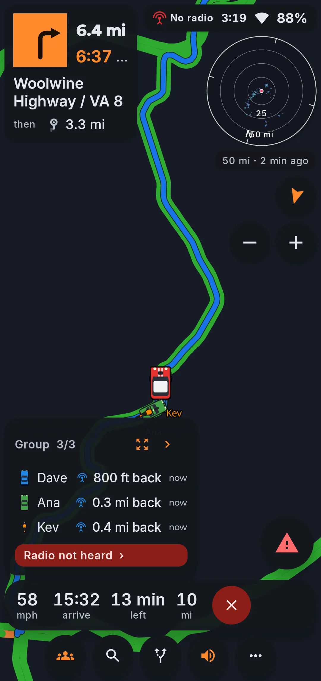 Phone layout in the dark theme on VA 8 north of Woolwine, Virginia: this car on the blue route with the bends ahead, a turn card for Woolwine Highway, the weather radar disc, and the group card listing Dave, Ana and Kev with distance back