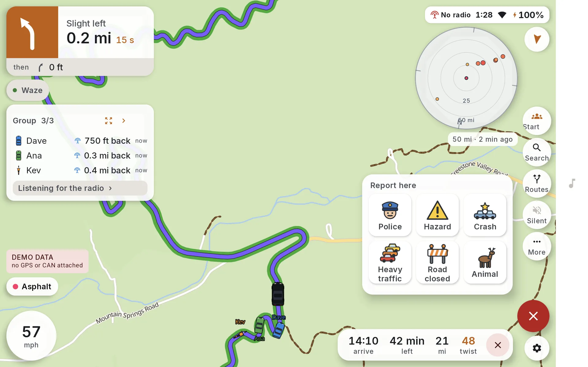 Tablet on VA 16 south of Tazewell, Virginia, with the group close behind on the switchbacks and the report tray open: Police, Hazard, Crash, Heavy traffic, Road closed and Animal, each with a full-colour icon