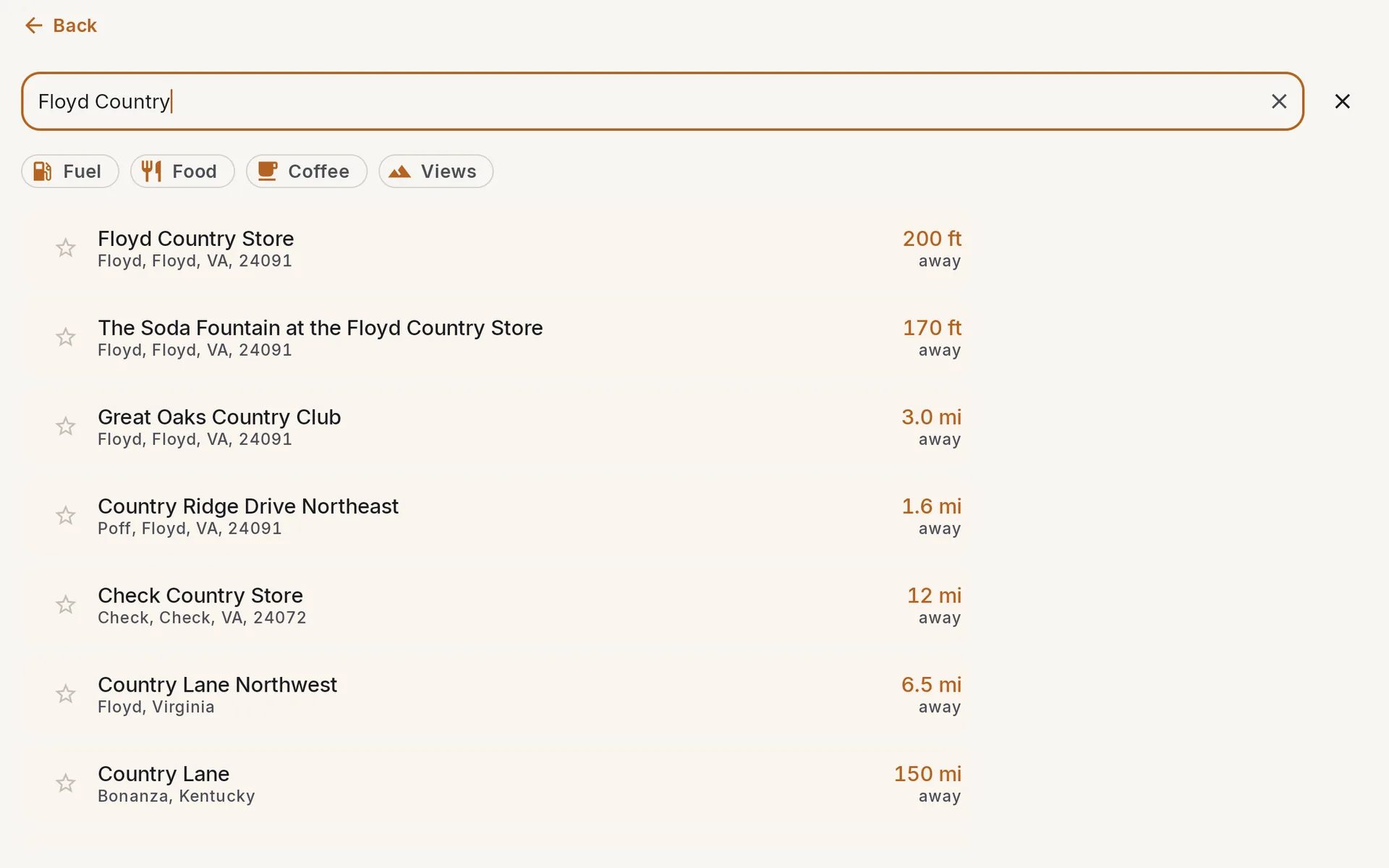 Search results for Floyd Country: Floyd Country Store first, then its soda fountain, Great Oaks Country Club and Check Country Store, each with its town, county, state and ZIP and its distance