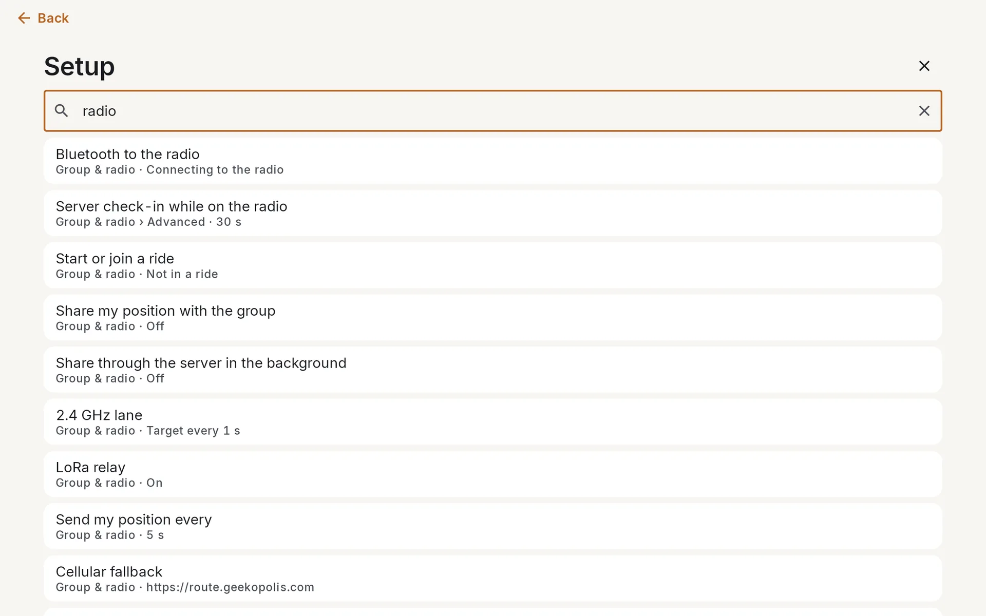 Setup search for radio, listing Bluetooth to the radio, Server check-in while on the radio, Start or join a ride, Share my position with the group, Share through the server in the background, 2.4 GHz lane, LoRa relay, Send my position every, and Cellular fallback, each with its category and current value