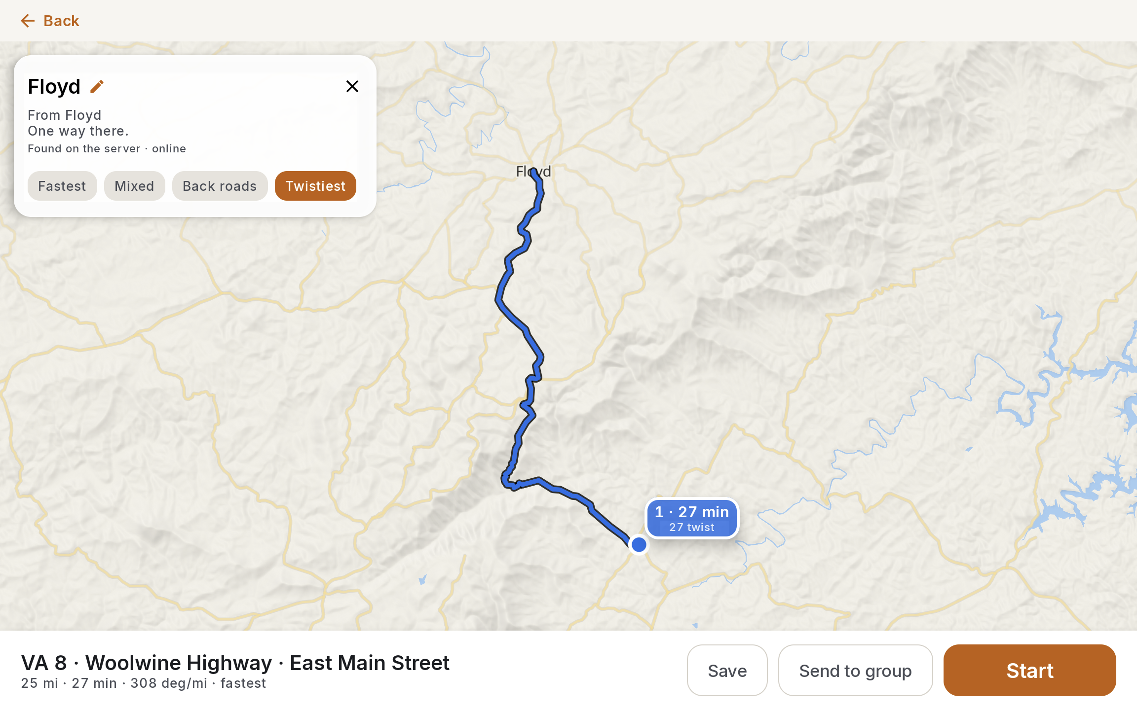 The Floyd–Woolwine return trip on VA 8 and Woolwine Highway, showing a blue route with a 25-mile, 27-minute estimate and Save and Start controls