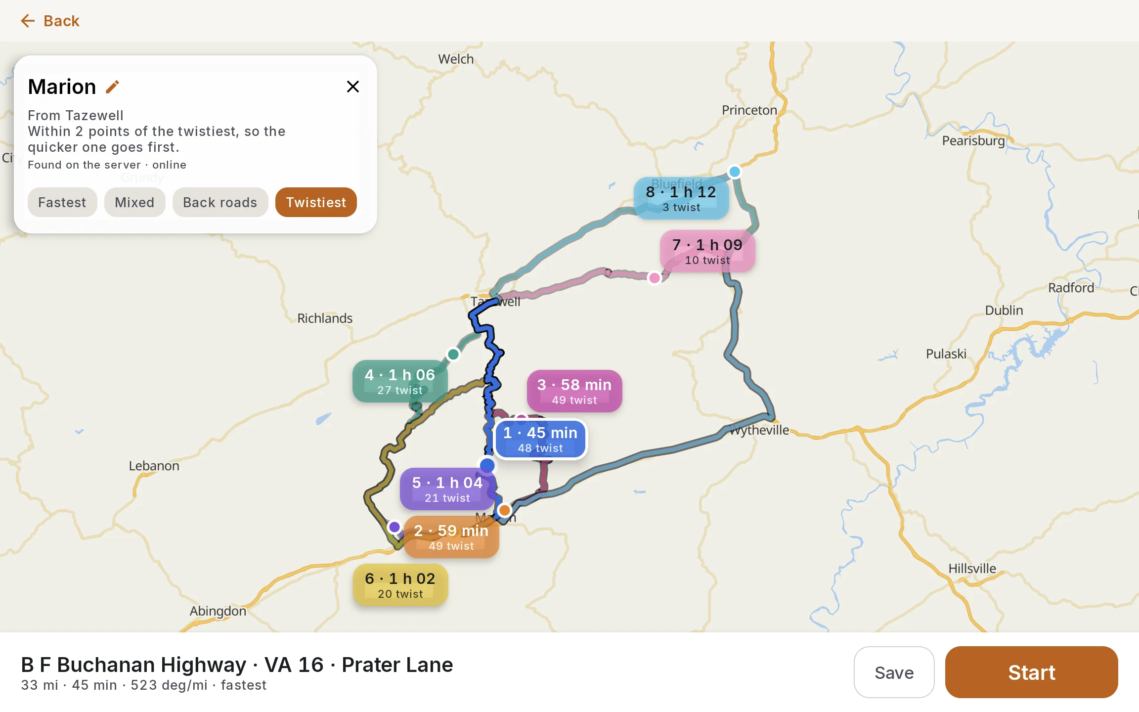 Eight numbered routes from Tazewell to Marion, Virginia, with Twistiest selected; the highlighted VA 16 route takes 45 minutes and scores 48 twist
