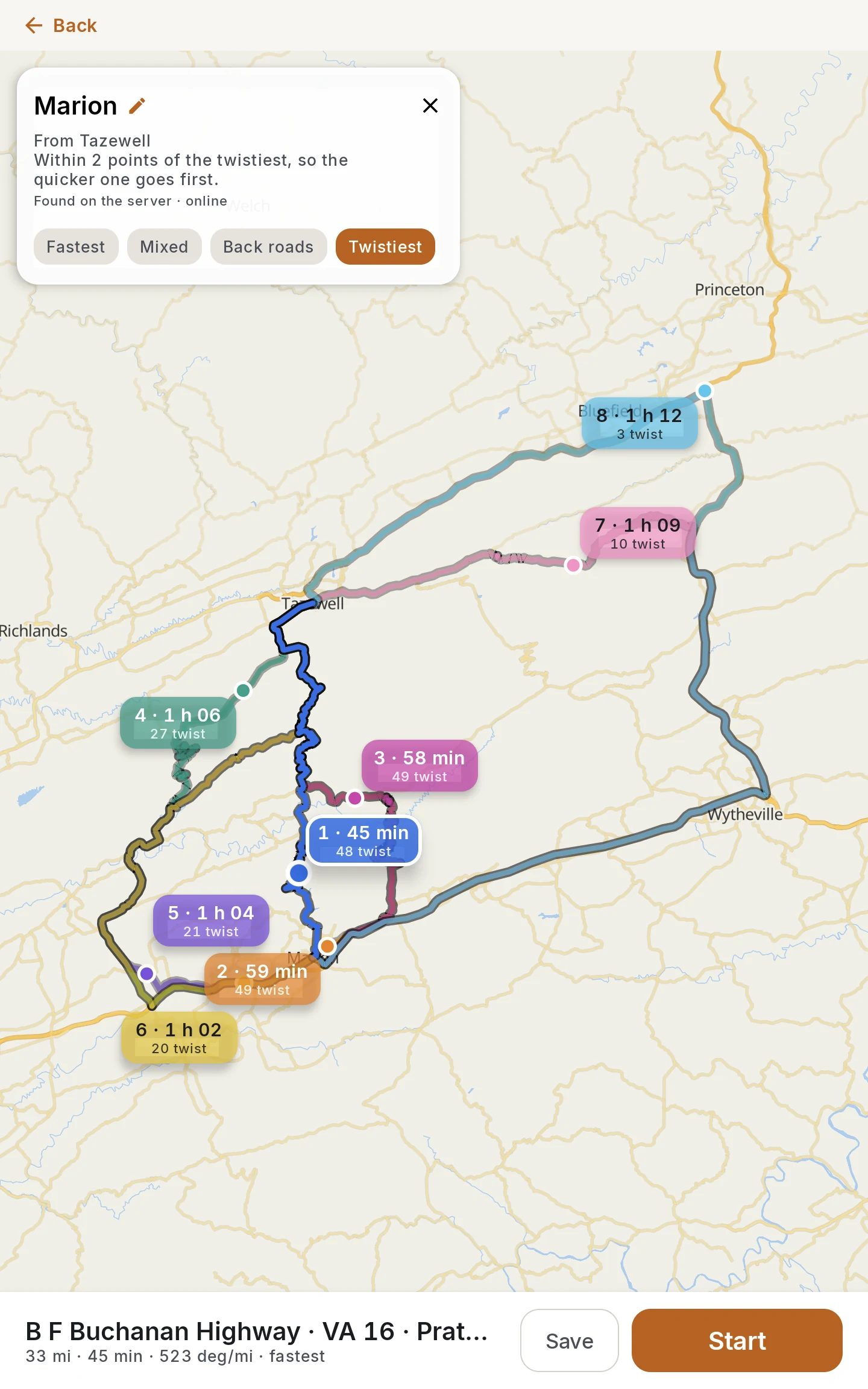 The Tazewell to Marion route chooser in portrait with eight coloured route cards and Save and Start below the map