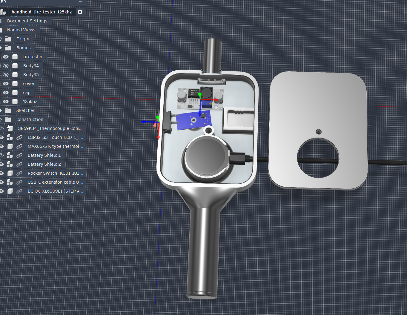 Fusion 360 — handheld tire tester with LF coil and 9 V boost