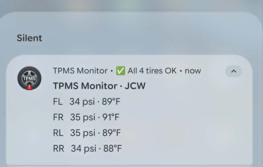 Expanded notification — FL/FR/RL/RR PSI and temp