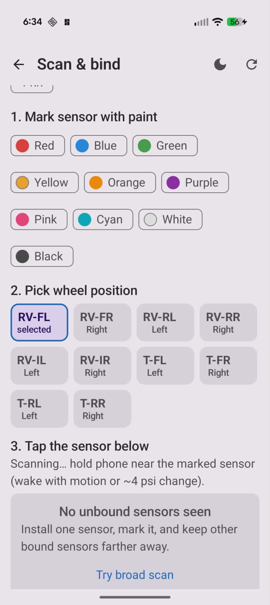 Scan and bind — color tag, wheel position, nearby sensor list