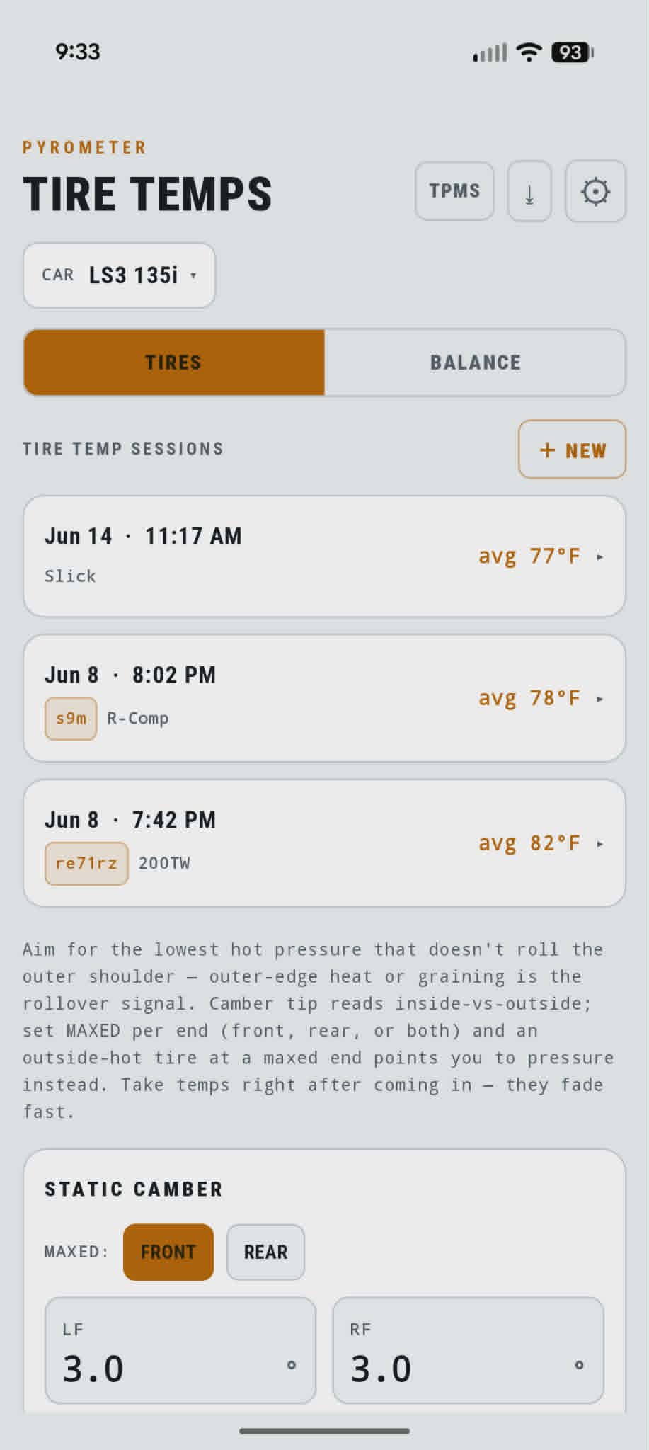 Tire temp sessions list