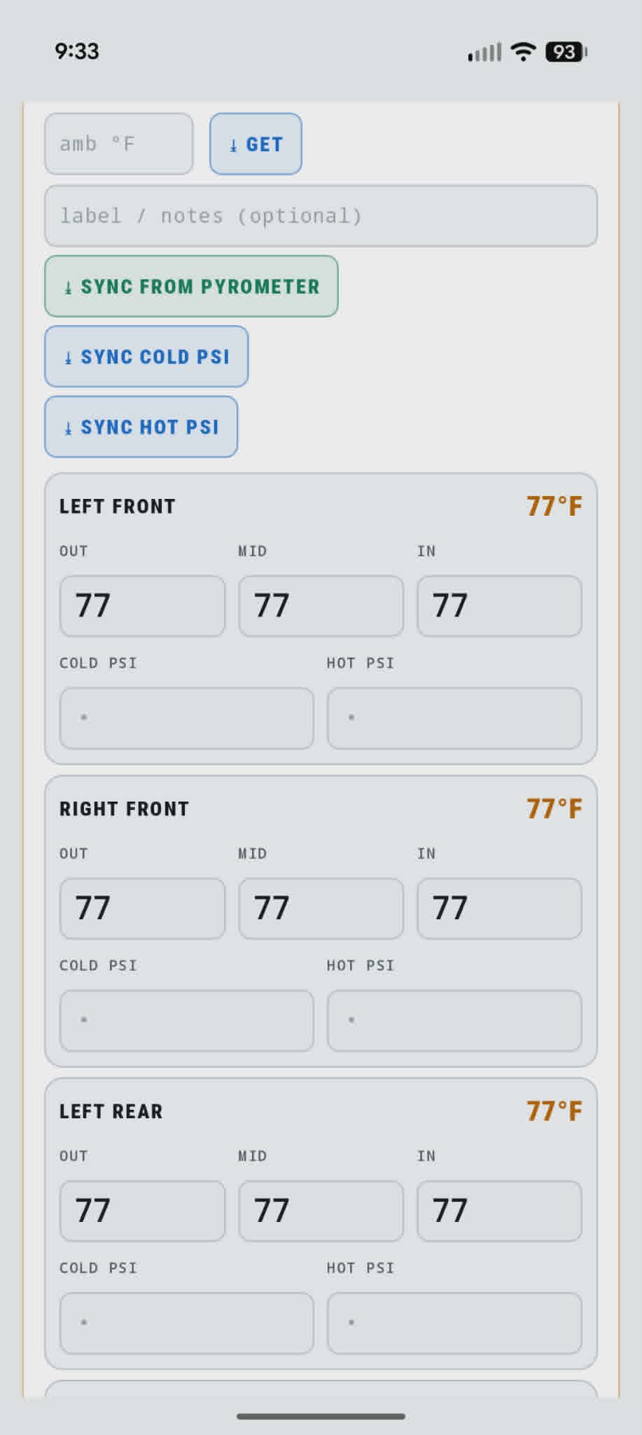Tire temp entry with pyrometer and PSI sync